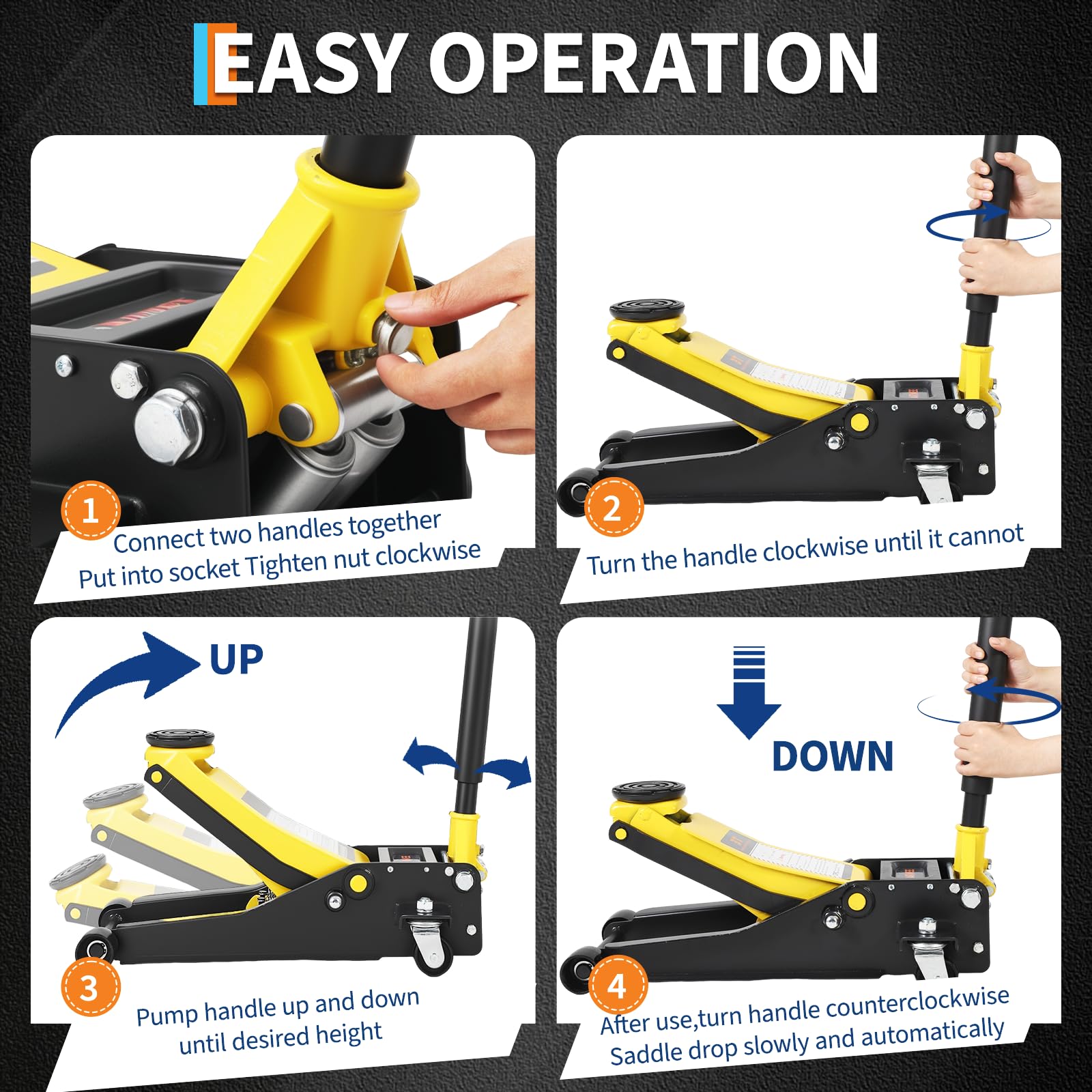 Yellow hydraulic floor jack handle operation and lowering steps