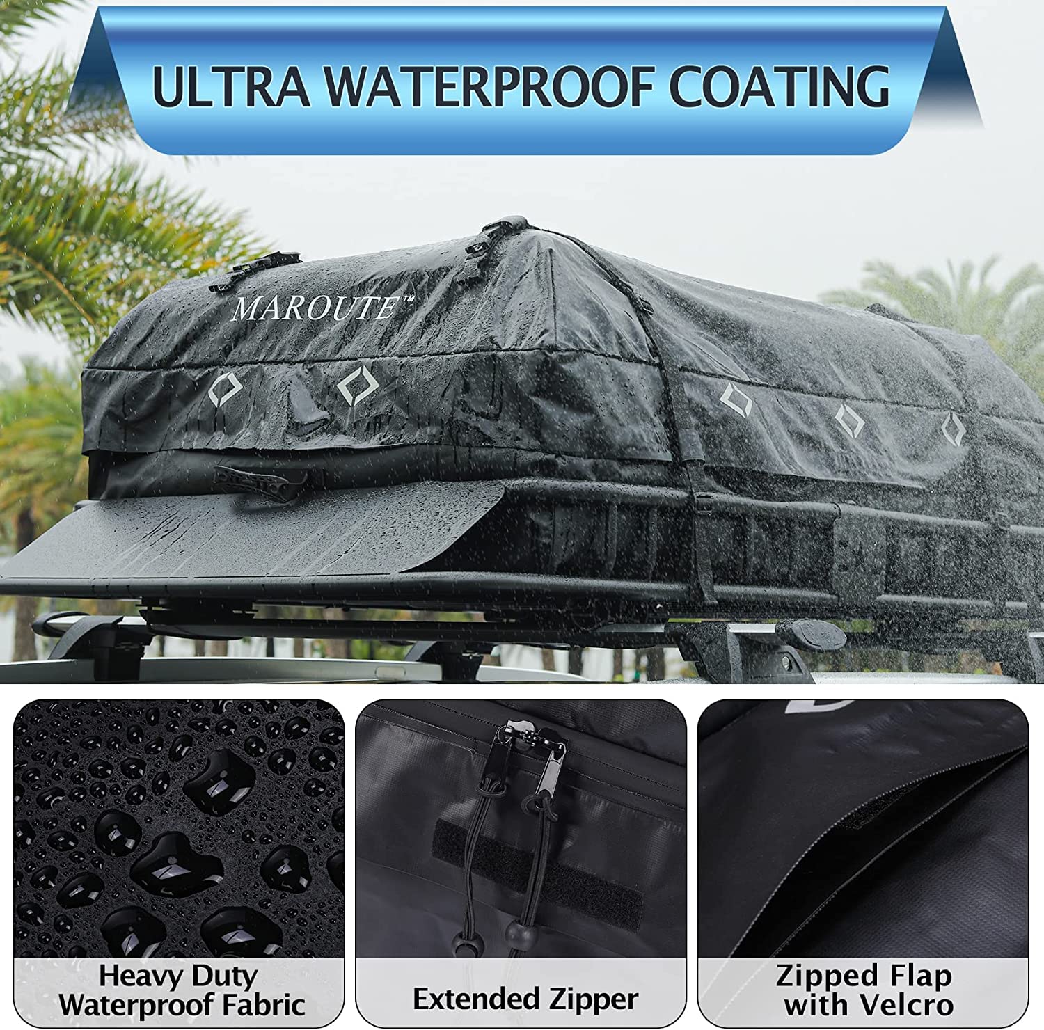 Waterproof layers and reinforced closure details on a black rooftop cargo bag