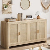 Garvee Modern Rattan Buffet Cabinet with 4 Doors + Multifunctional Storage + Handwoven Rattan + MDF Wood + Anti-tip Kit + Dining Room, Kitchen, Living Room - Oak