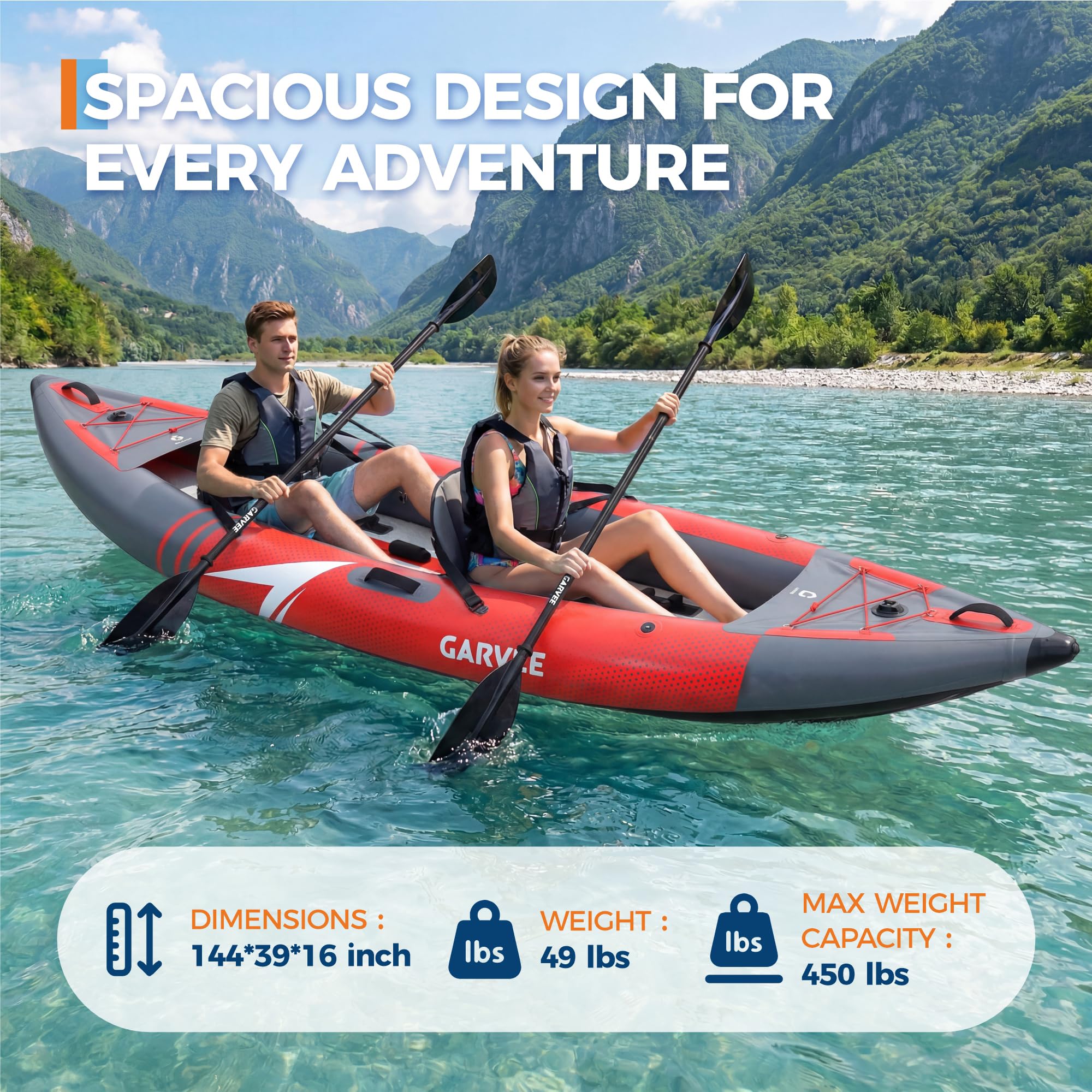 red and gray two-person inflatable kayak showing 144 by 39 by 16 inch dimensions and 450 lbs capacity on a mountain lake