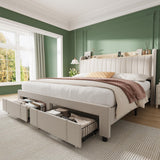 Garvee Upholstered Bed Frame with Storage Headboard and Charging Station, Platform Bed with Drawers, King Size, Beige, Heavy Duty, Easy Assembly - Beige