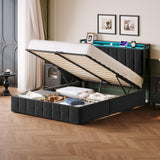 Garvee Full Bed Frame with Lift Up Storage, Upholstered Velvet, LED Lights, Metal Hydraulic Support, Black - Black & Lights