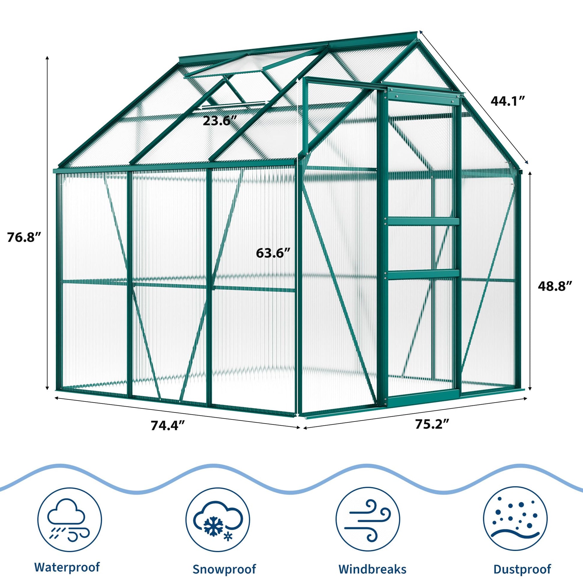 Greenhouse dimensions and outdoor-weather protection icons shown together