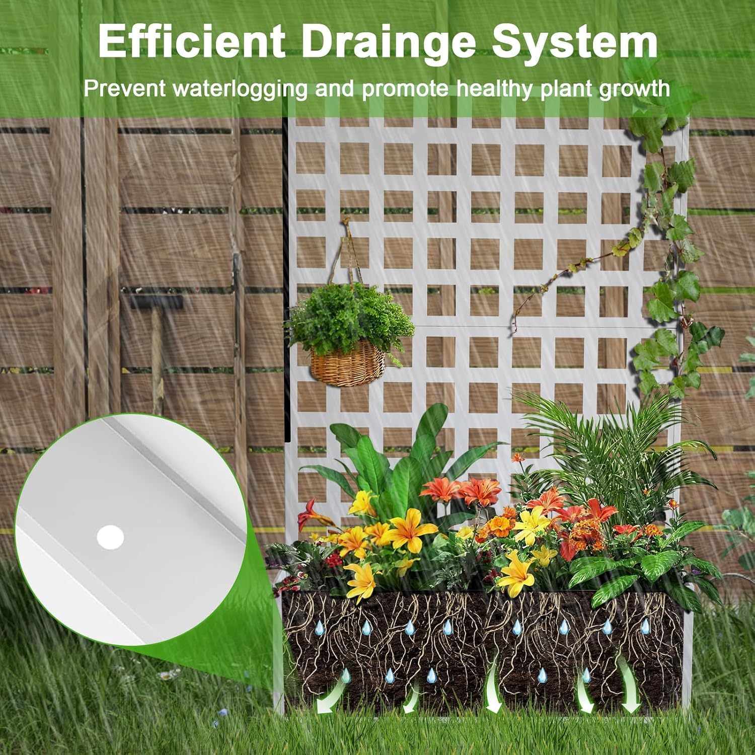 white grid trellis raised planter showing drainage holes and water leaving the soil