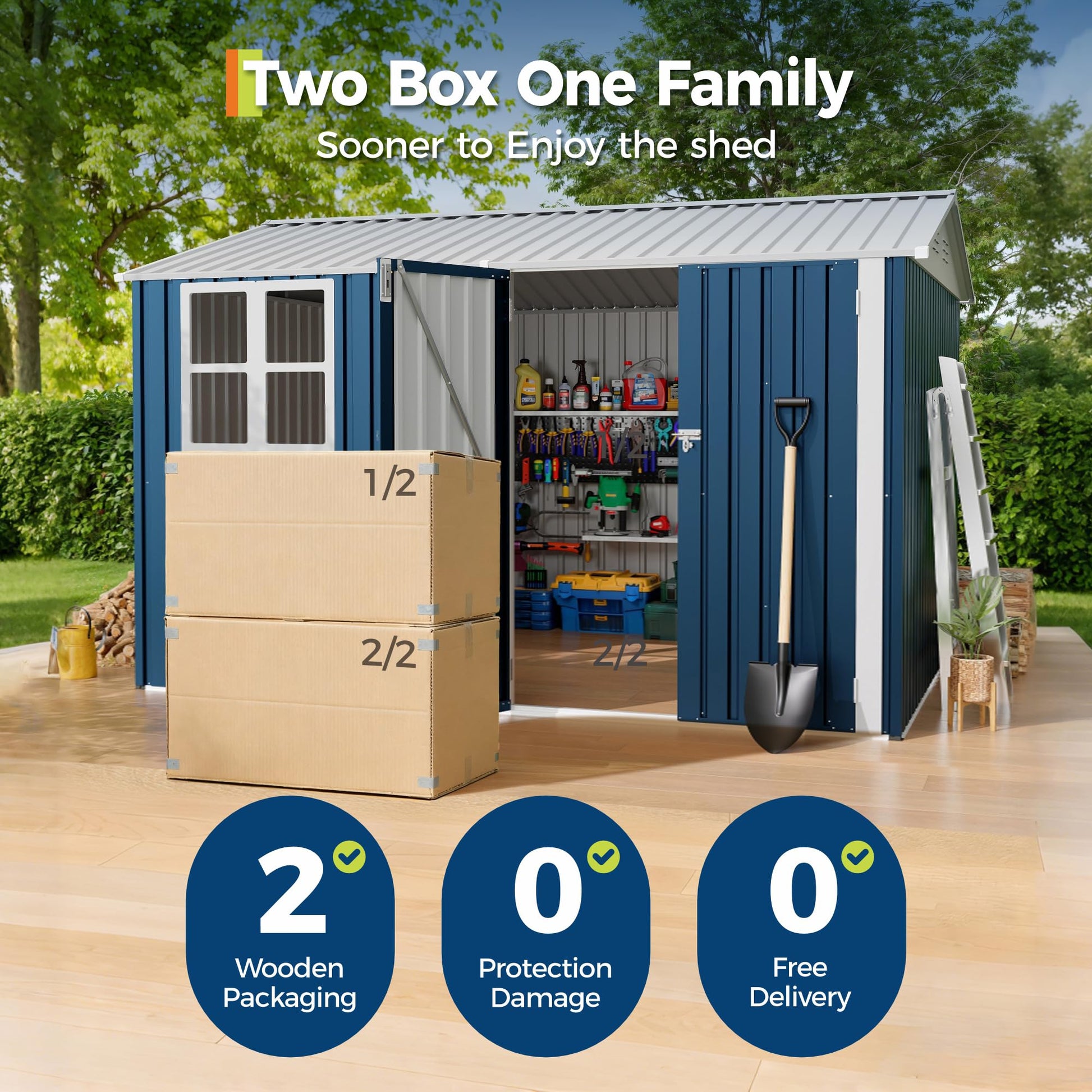 Outdoor storage shed delivered in two boxes