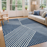 Garvee Washable 10x13 Rugs for Living Room Modern Geometric Stripped Indoor Carpet Non Slip Low Pile Extra Large Blue - Blue