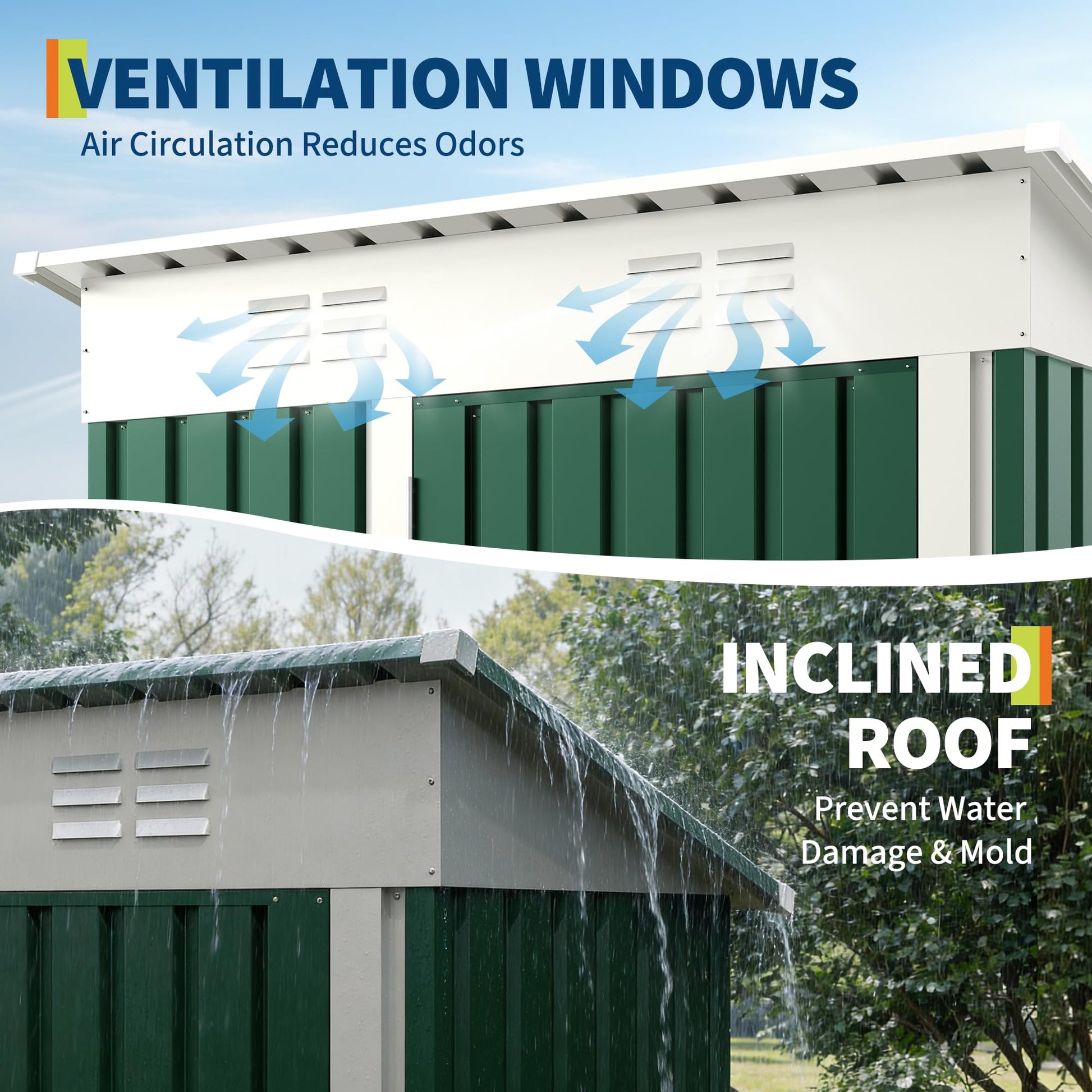 ventilation windows and inclined roof for outdoor storage shed