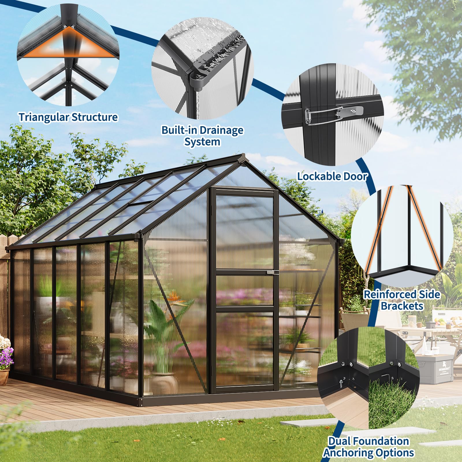 Greenhouse with built-in drainage system and reinforced structure