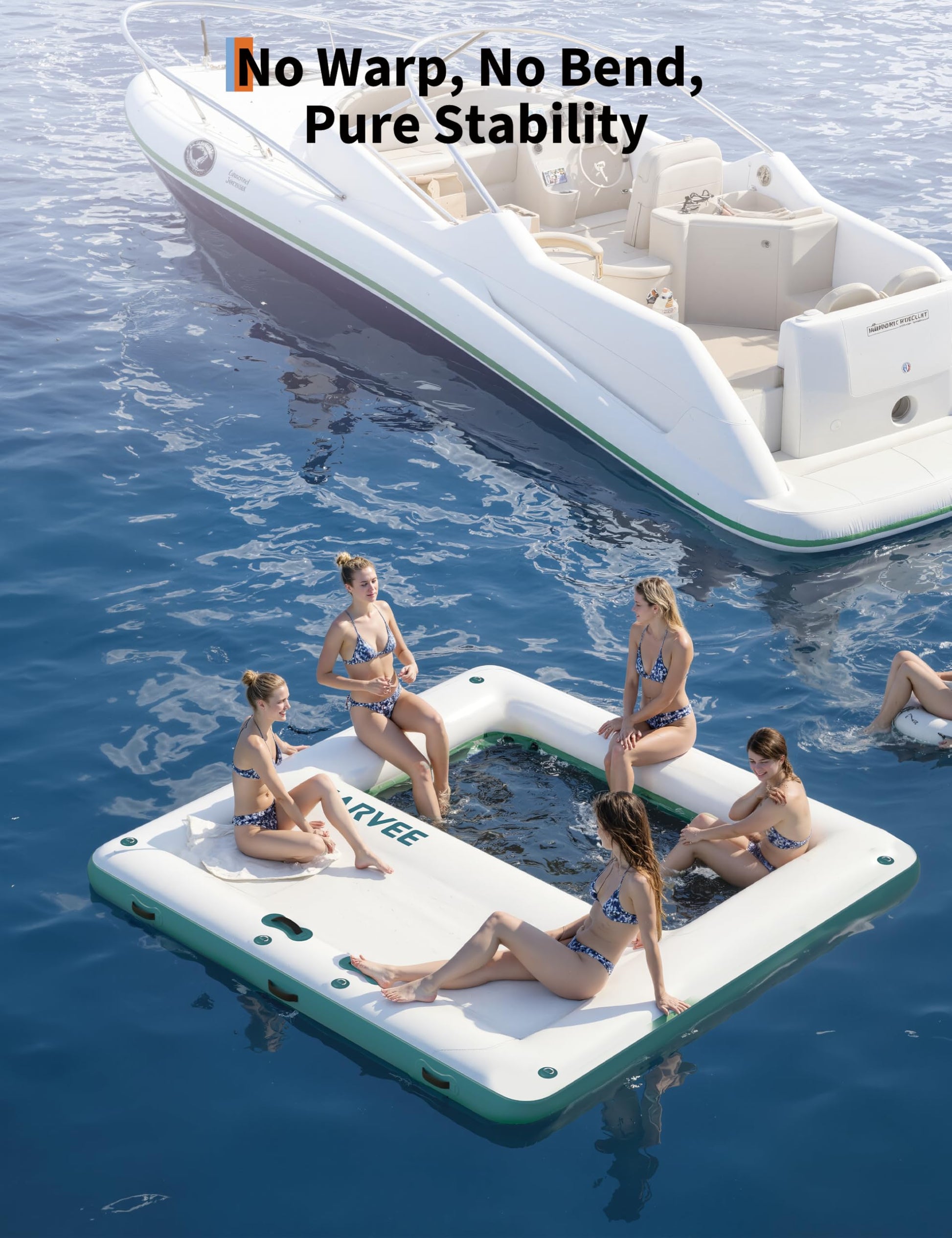 10ft square inflatable water hammock with multiple people relaxing on the lake