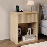 Garvee Fluted Nightstand with Charging Station, Bedside Table with Drawers and Open Storage, Metal Handles, Rounded Corners, Bedroom Side Table, White