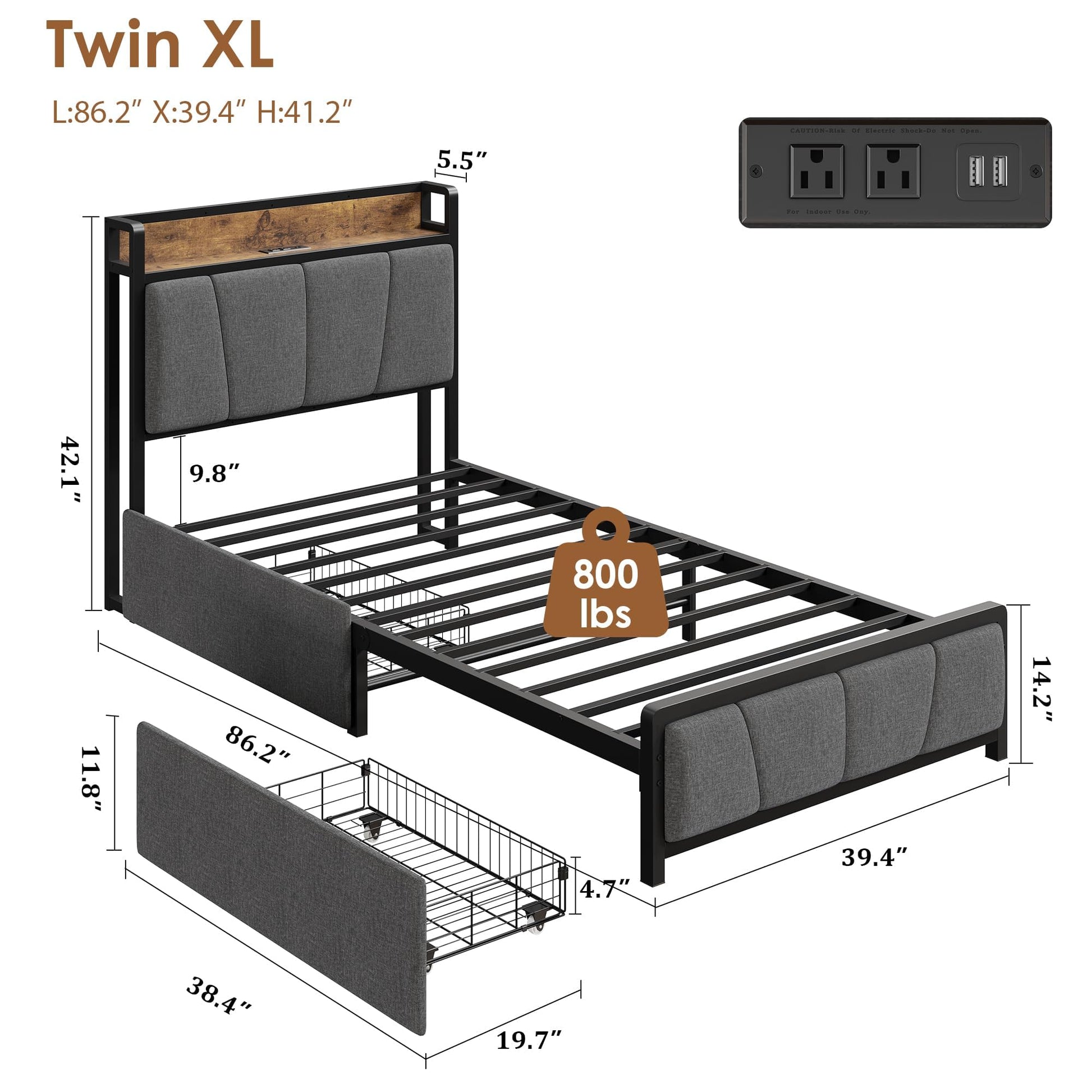 Dimensions du cadre de lit Twin XL et capacité de 360 kg