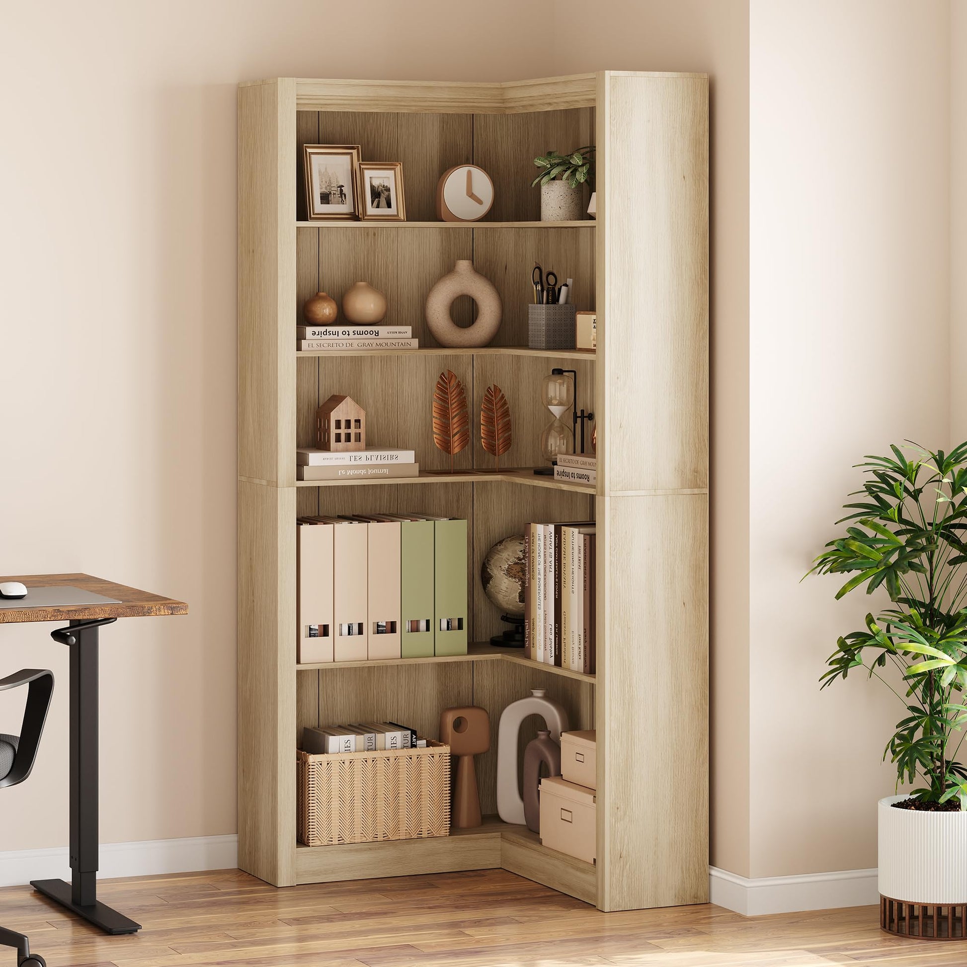 Tall farmhouse corner bookshelf in a home office setting