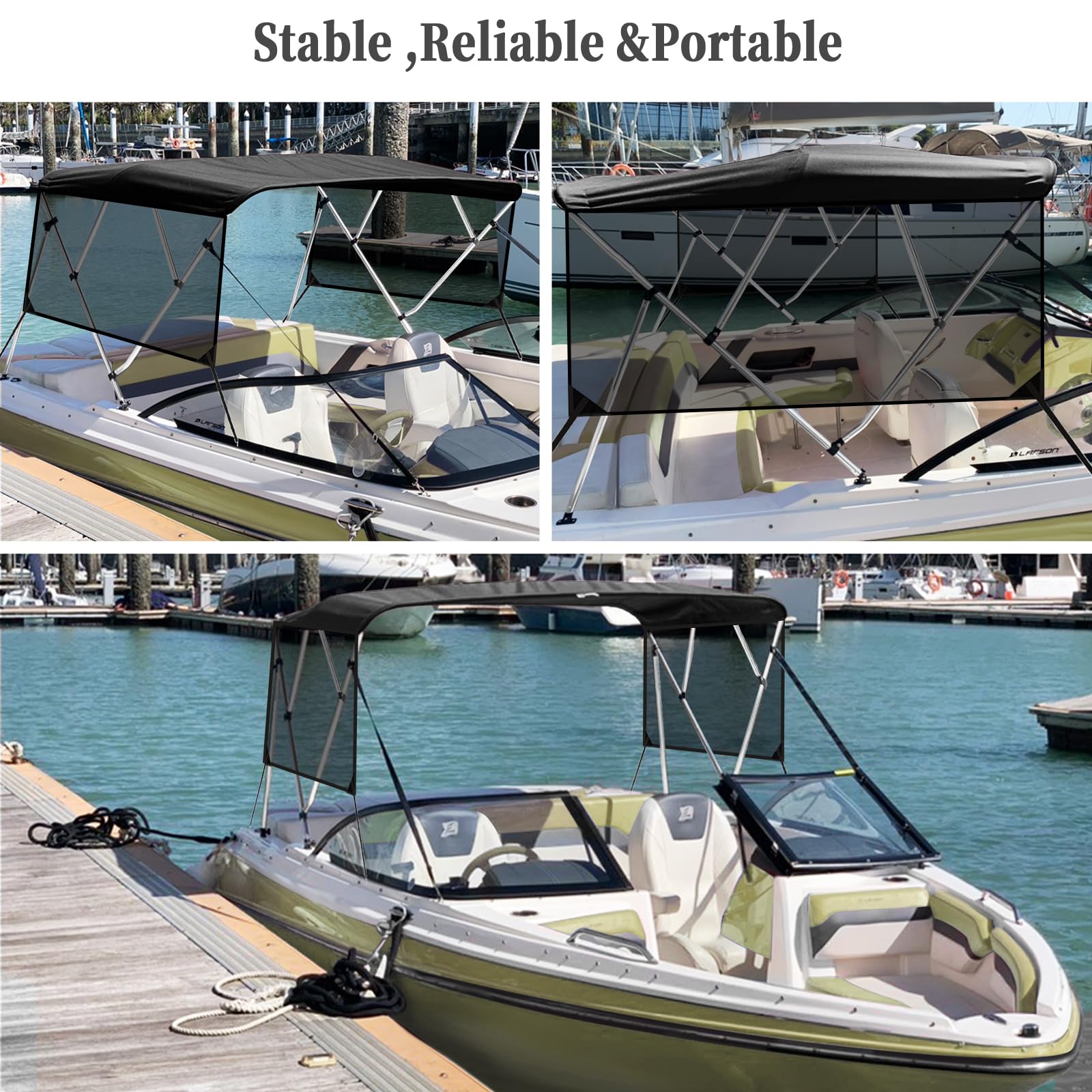Black 4 bow bimini top installed on a recreational boat with side curtains in multiple configurations