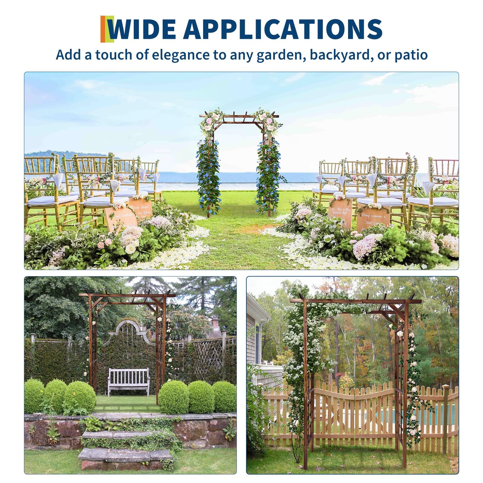 dark brown flat top garden arbor shown at garden paths, entrances, and outdoor celebration settings