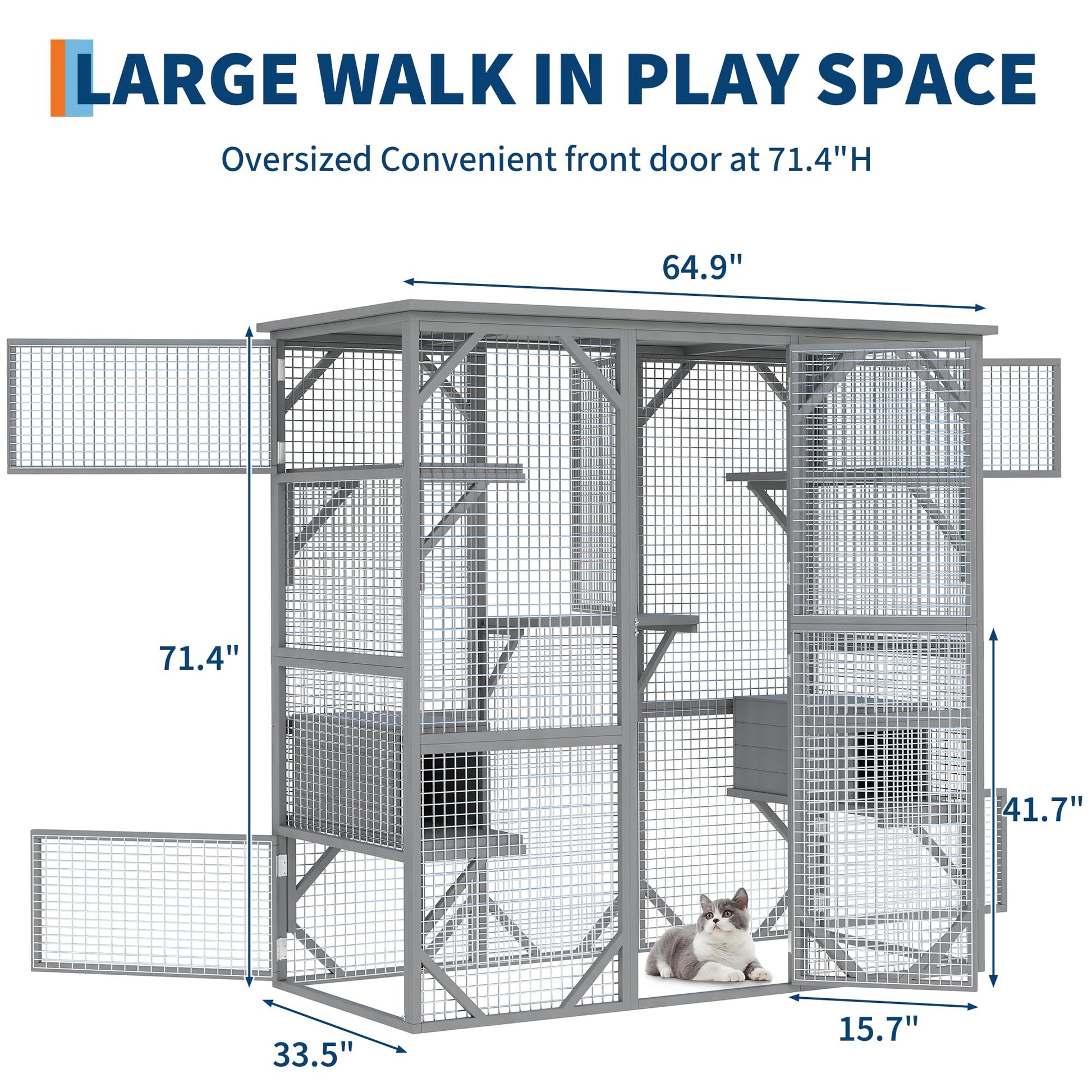 Grey outdoor catio with large walk-in play space and size callouts