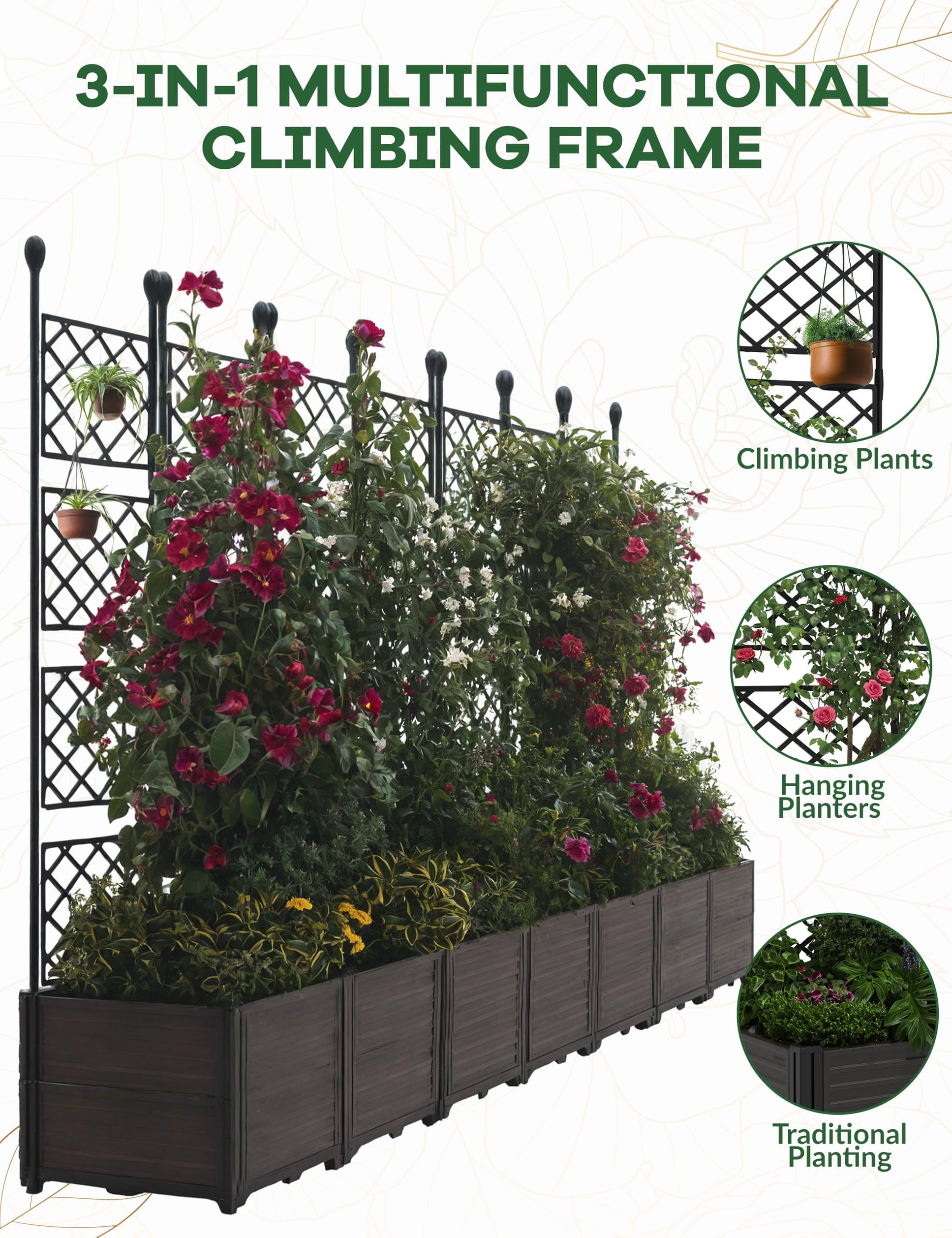 Trellis planter for climbing plants and hanging planters