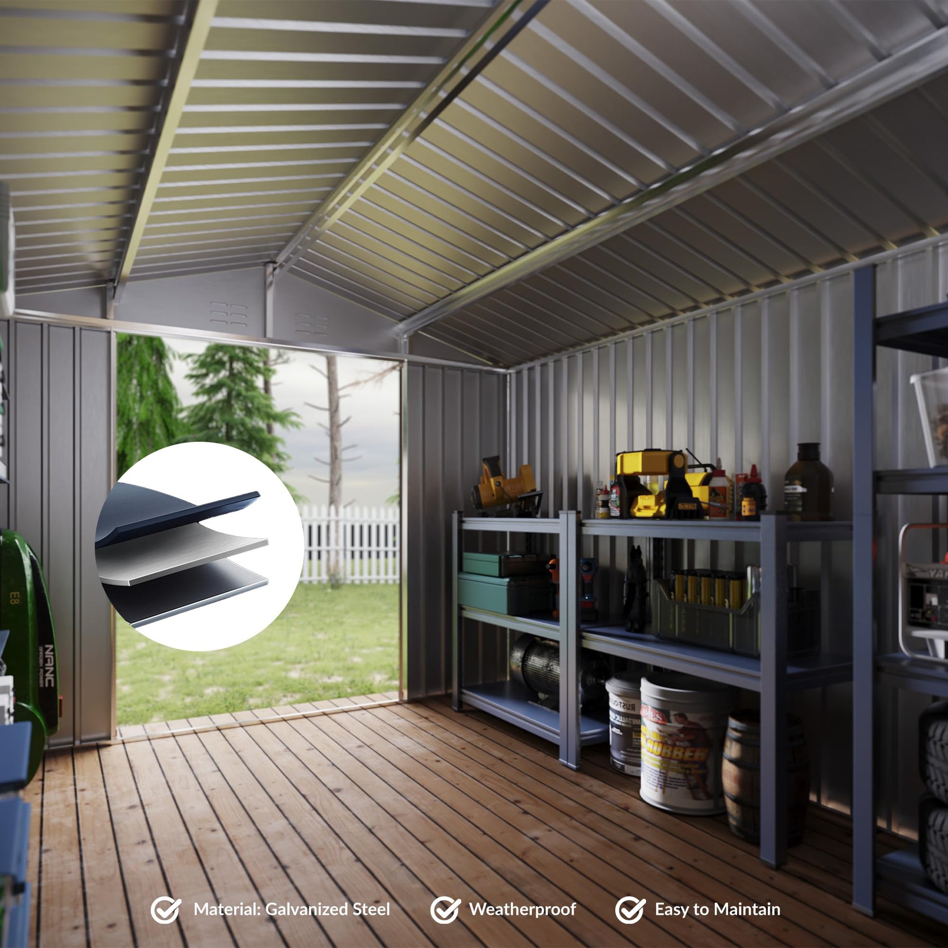 Interior view of galvanized steel storage shed panels