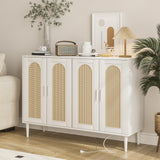 Garvee Rattan Sideboard Buffet Cabinet + 4 Doors + Built-in Power Outlet + MDF Board + Adjustable Shelves + White + Kitchen, Dining Room, Hallway, Living Room - White
