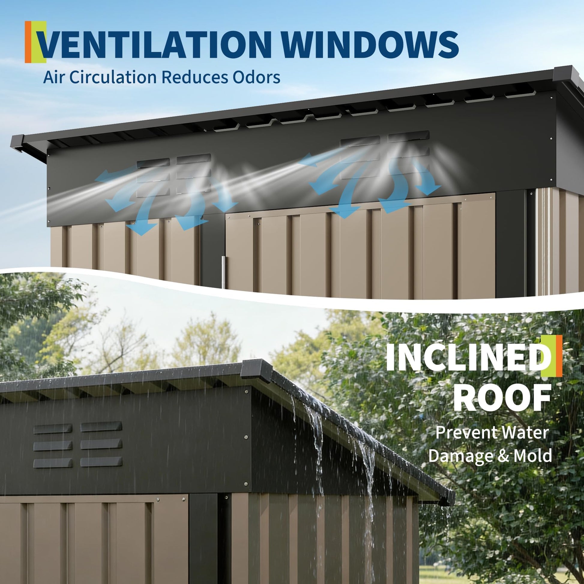 ventilation windows and inclined roof for outdoor storage shed