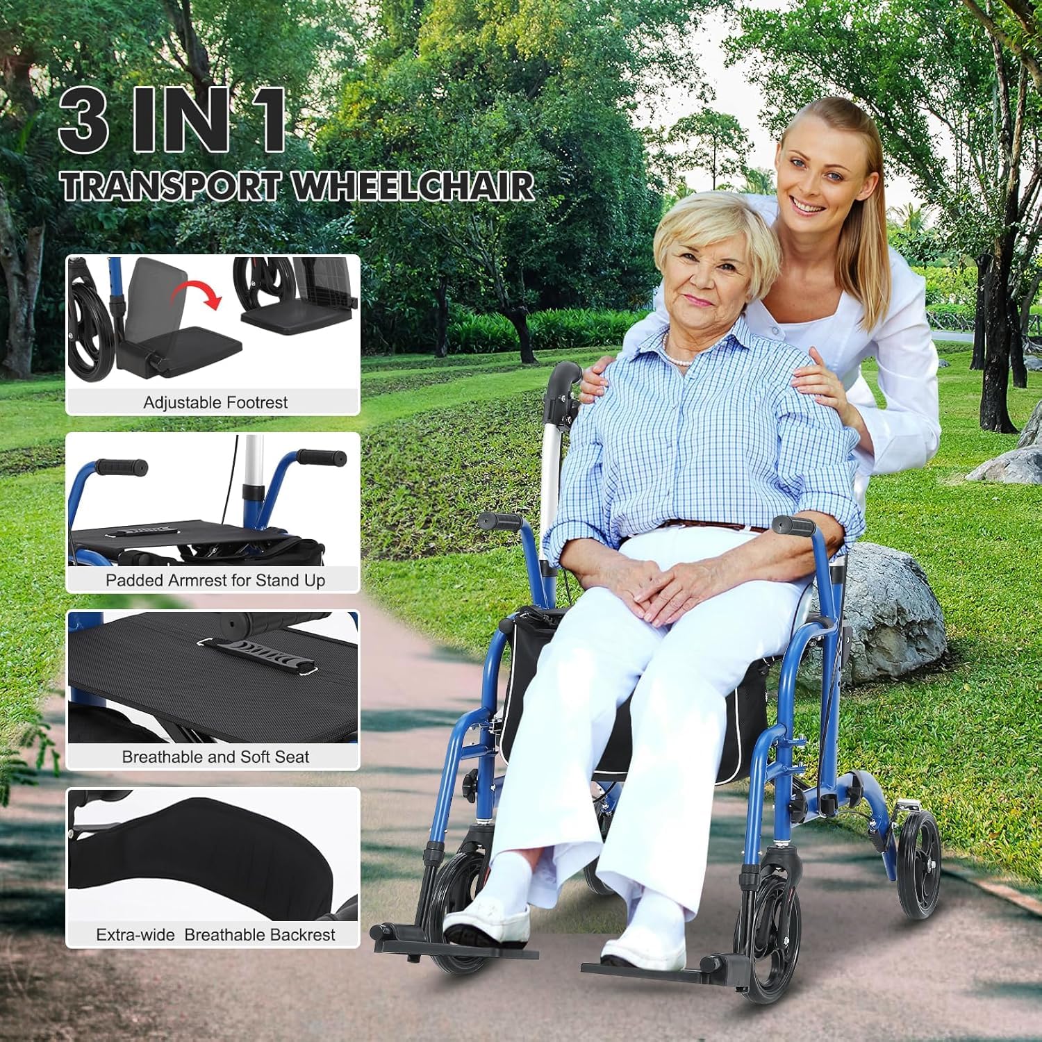 Garvee rollator converts between walker, rest seat, and transport chair