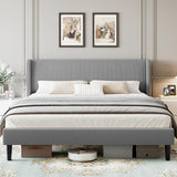 Garvee Full Bed Frame with Headboard and Wingback, Velvet Upholstered, Light Grey, Full Size, Storage Pockets, Sturdy Wood Slat Support - Light Grey