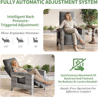 Garvee Wicker Reclining Patio Chair with Adjustable Back and Footrest, Outdoor Recliner Chair for Garden, 150° Lay Flat, Removable Cushion, Grey