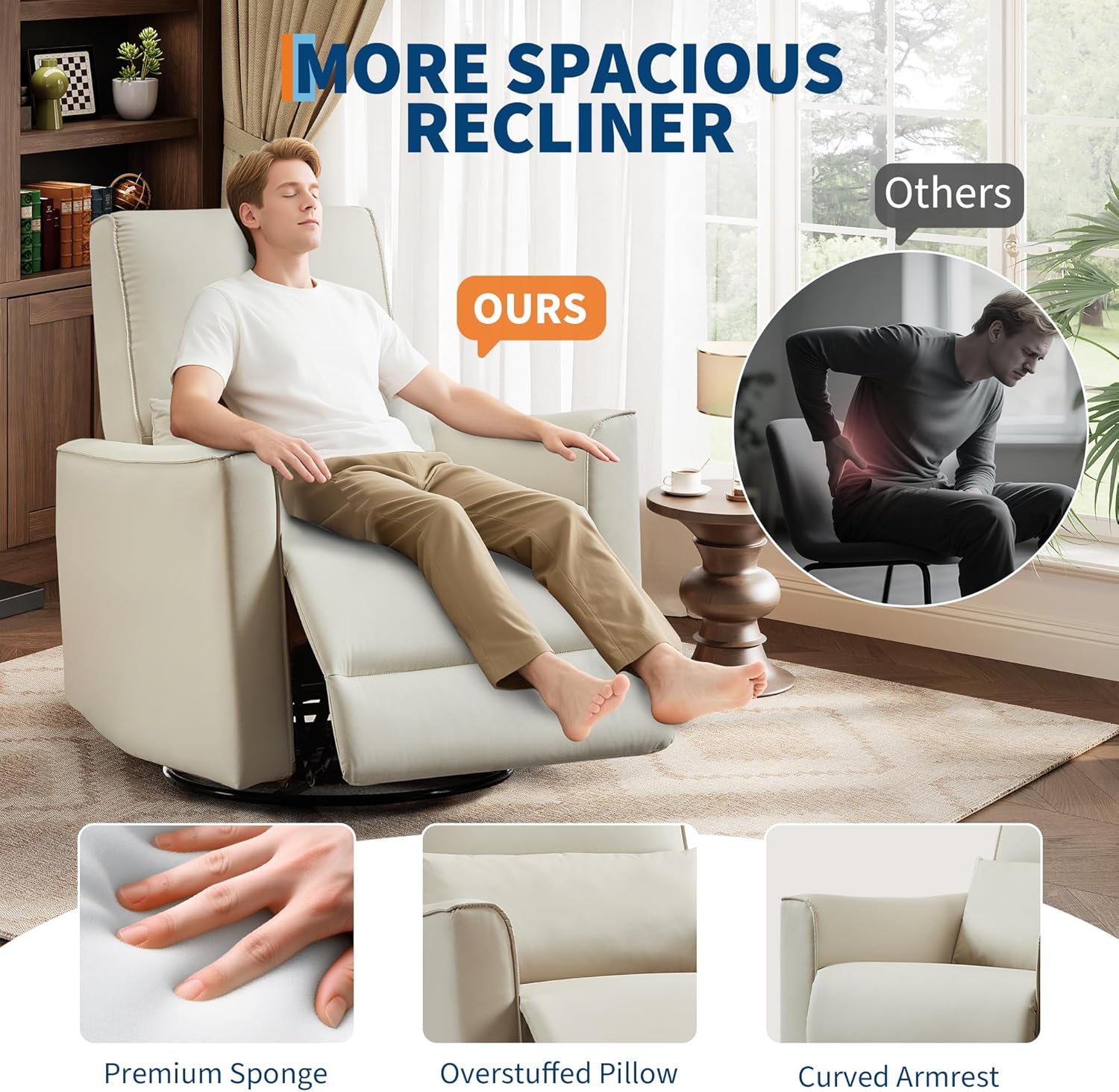 Fauteuil inclinable manuel Garvee pivotant et à bascule pour adultes, fauteuil inclinable à bascule et coulissant avec assise profonde en cuir PU et dossier haut pour chambre d'enfant, salon, chambre à coucher et salle de cinéma maison, beige