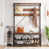 Garvee Industrial Hall Tree Storage Shoe Bench, 72" Mudroom Hall Tree with 8 Hanging Hooks, Shoe Rack, Storage Shelf Hanging Bar, Coat Rack Shoe Bench for Entryway, Brown - Brown