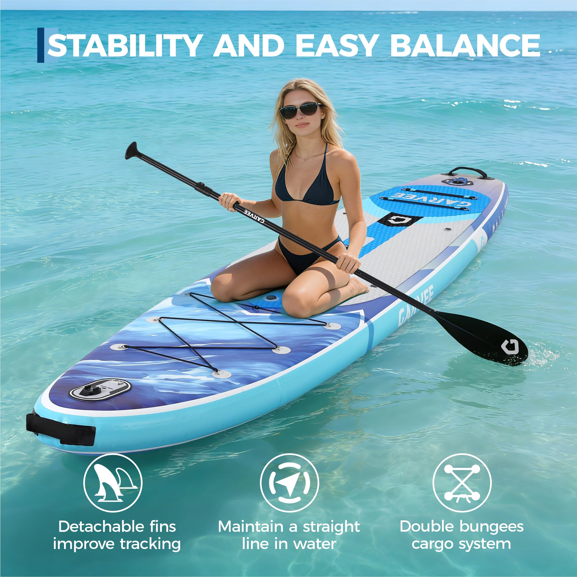 10'6" Ocean Blue Inflatable Paddle Board demonstrating stable tracking and cargo storage on the water
