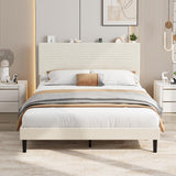 Garvee Full Size Corduroy Upholstered Platform Bed Frame with Adjustable Storage Headboard & Charging Station, Beige, Heavy Duty, Noise Free, Easy Assembly