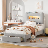 Garvee Full Size Bed Frame with 2-Tier LED Headboard, Upholstered Full Platform Bed, Charging Station, Storage Drawer, Grey