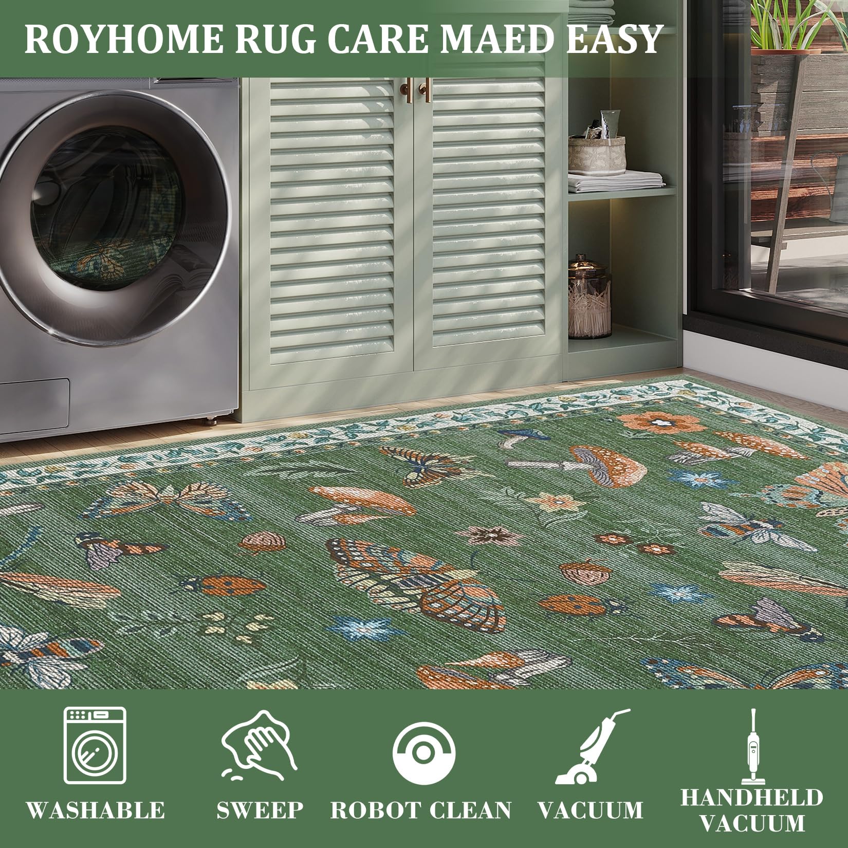 care guide for washing and routine cleaning of the green mushroom rug