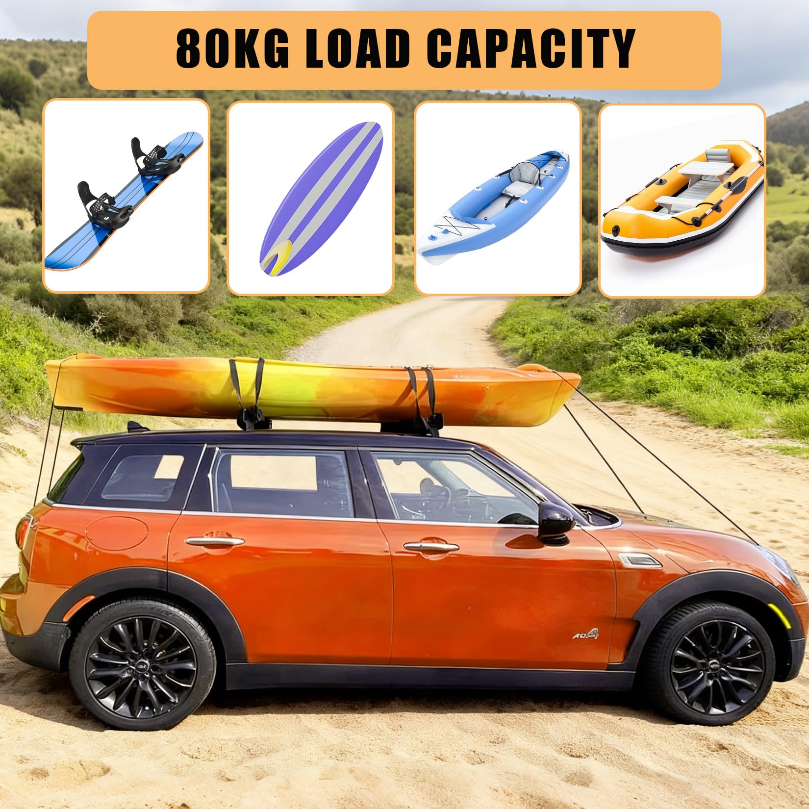 Orange vehicle carrying a kayak on roof rack pads with an 80kg capacity graphic
