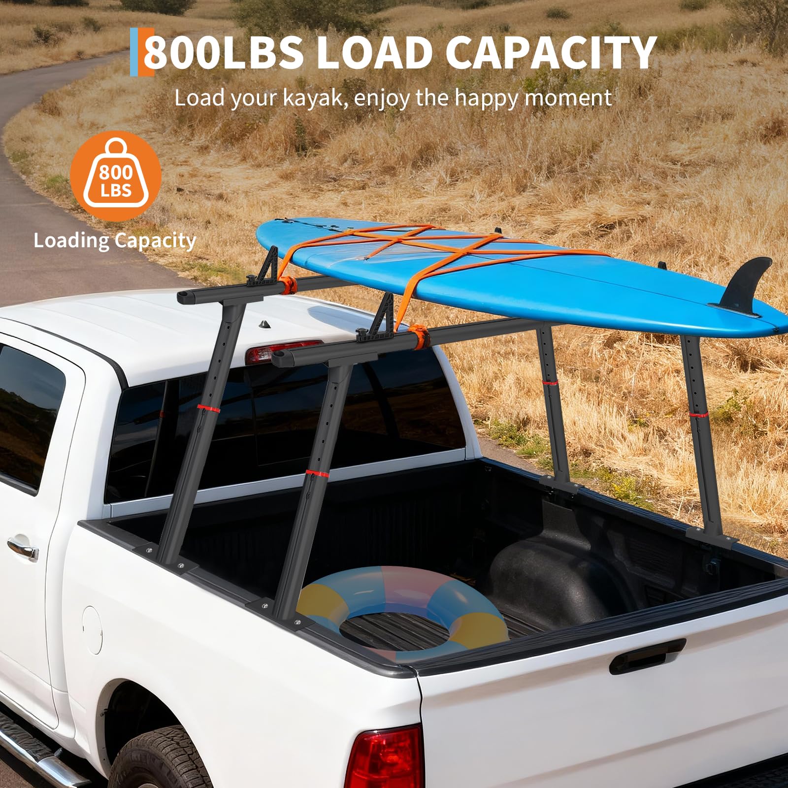 black adjustable aluminum truck ladder rack carrying a kayak above a pickup bed with an 800 lb capacity label
