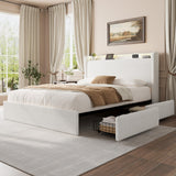 Garvee Full Size Boucle Bed Frame with Storage Headboard, Charging Station, LED Lights, 4 Storage Drawers, White - White