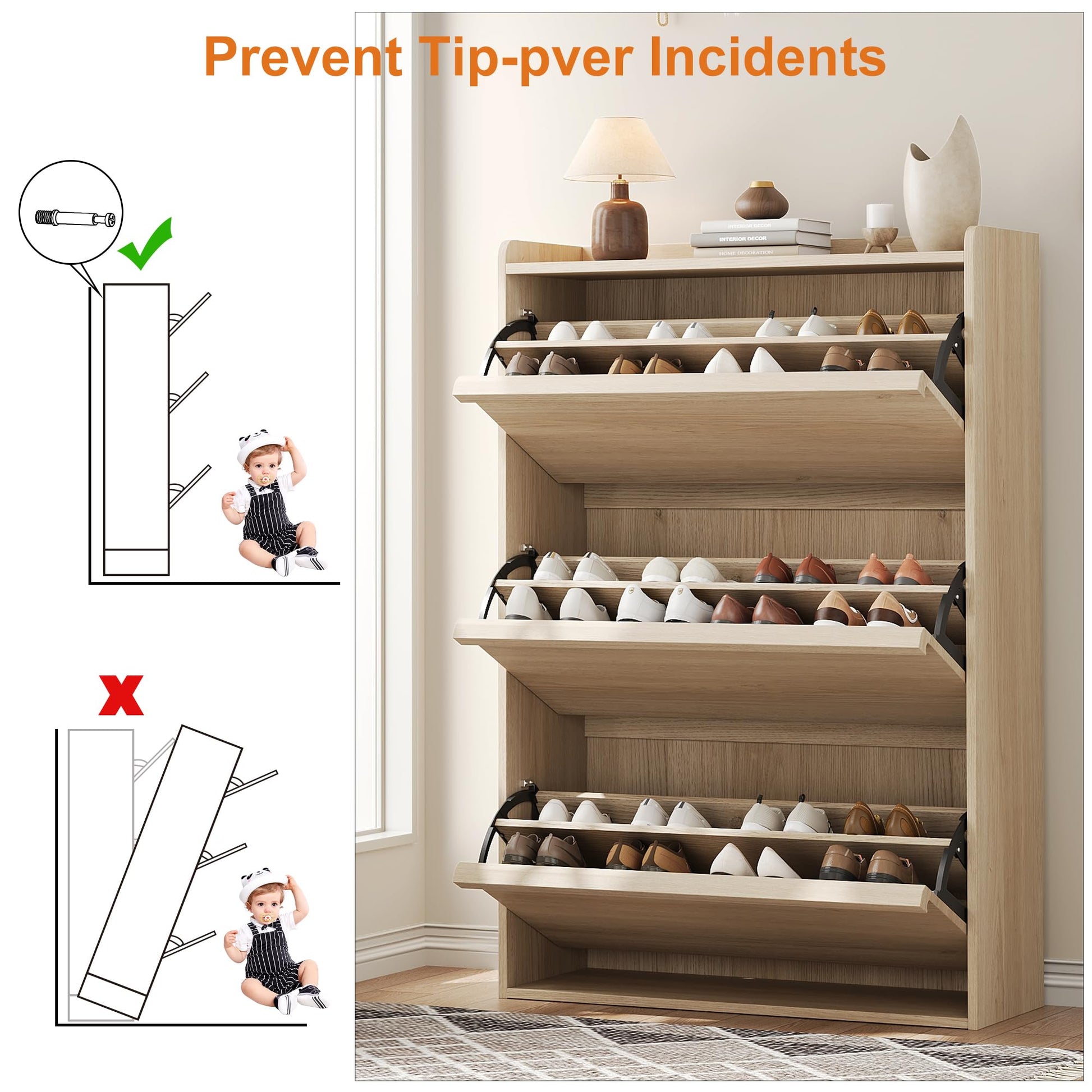 Anti-tipping wall anchor safety feature for shoe cabinet