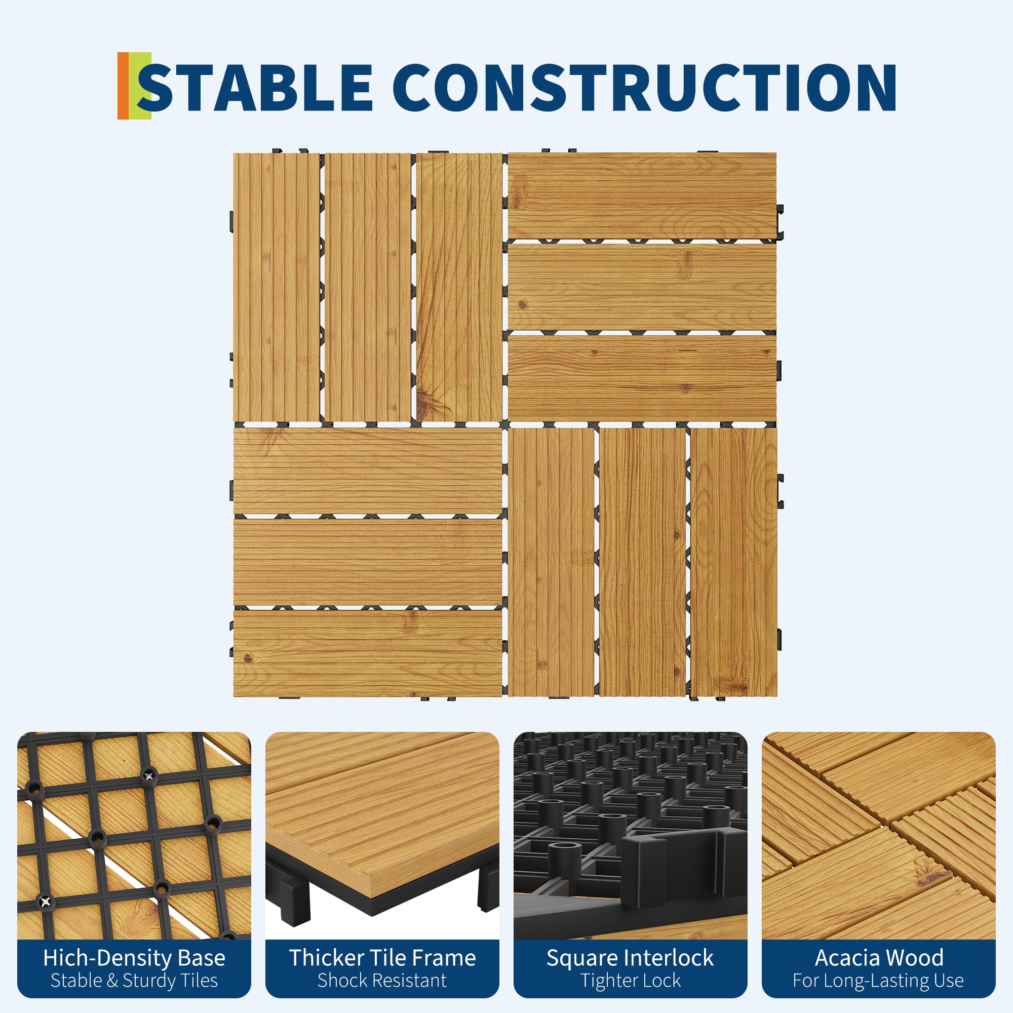 Yellow acacia wood deck tiles showing reinforced interlocking base construction