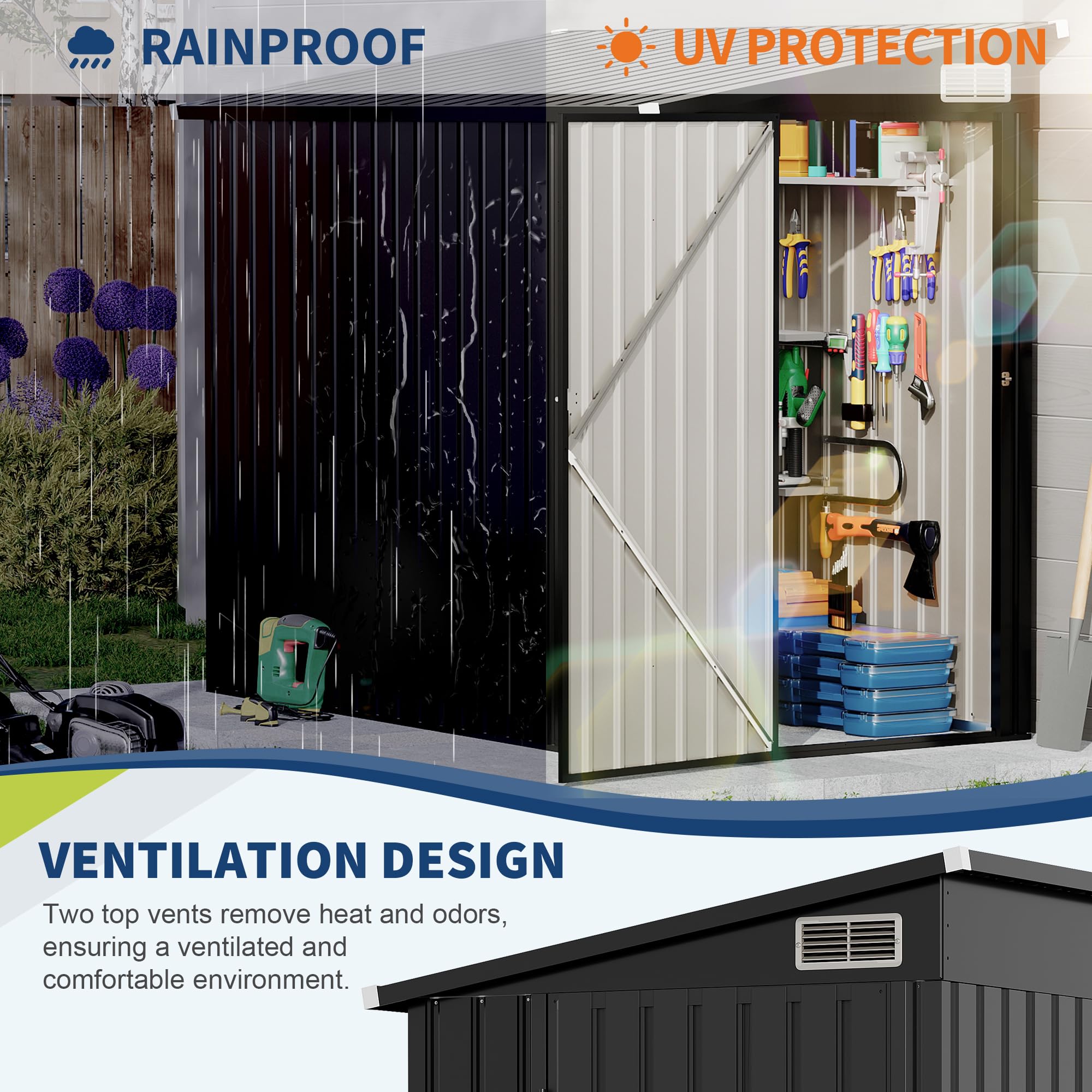 Gray 4 by 8 foot metal lean-to storage shed showing rainproof UV protection and ventilation design