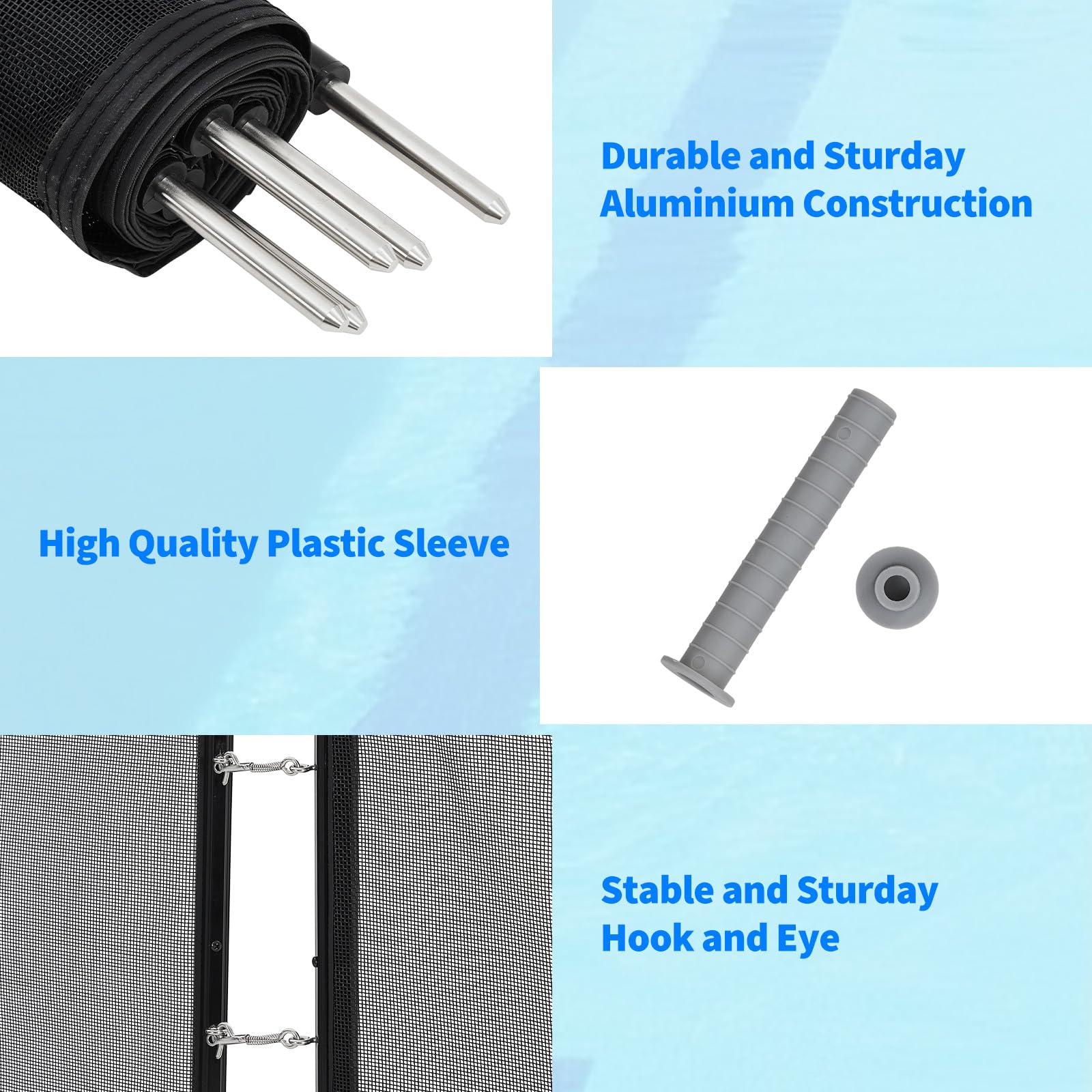 Aluminum pool fence support, plastic ground sleeve, and stainless steel hook and eye connector details