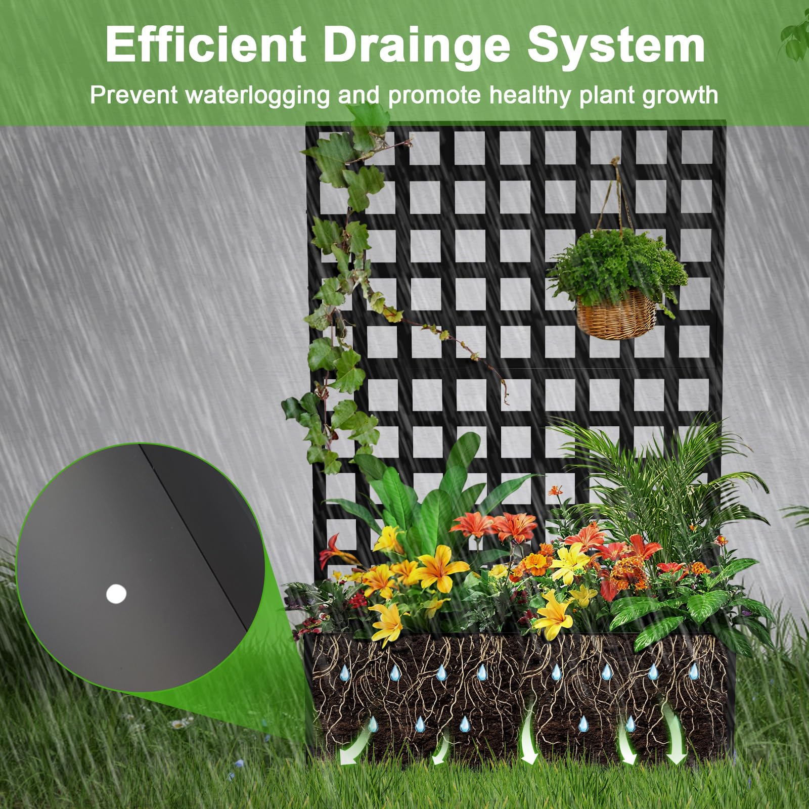 black grid trellis raised planter showing drainage holes and water leaving the soil