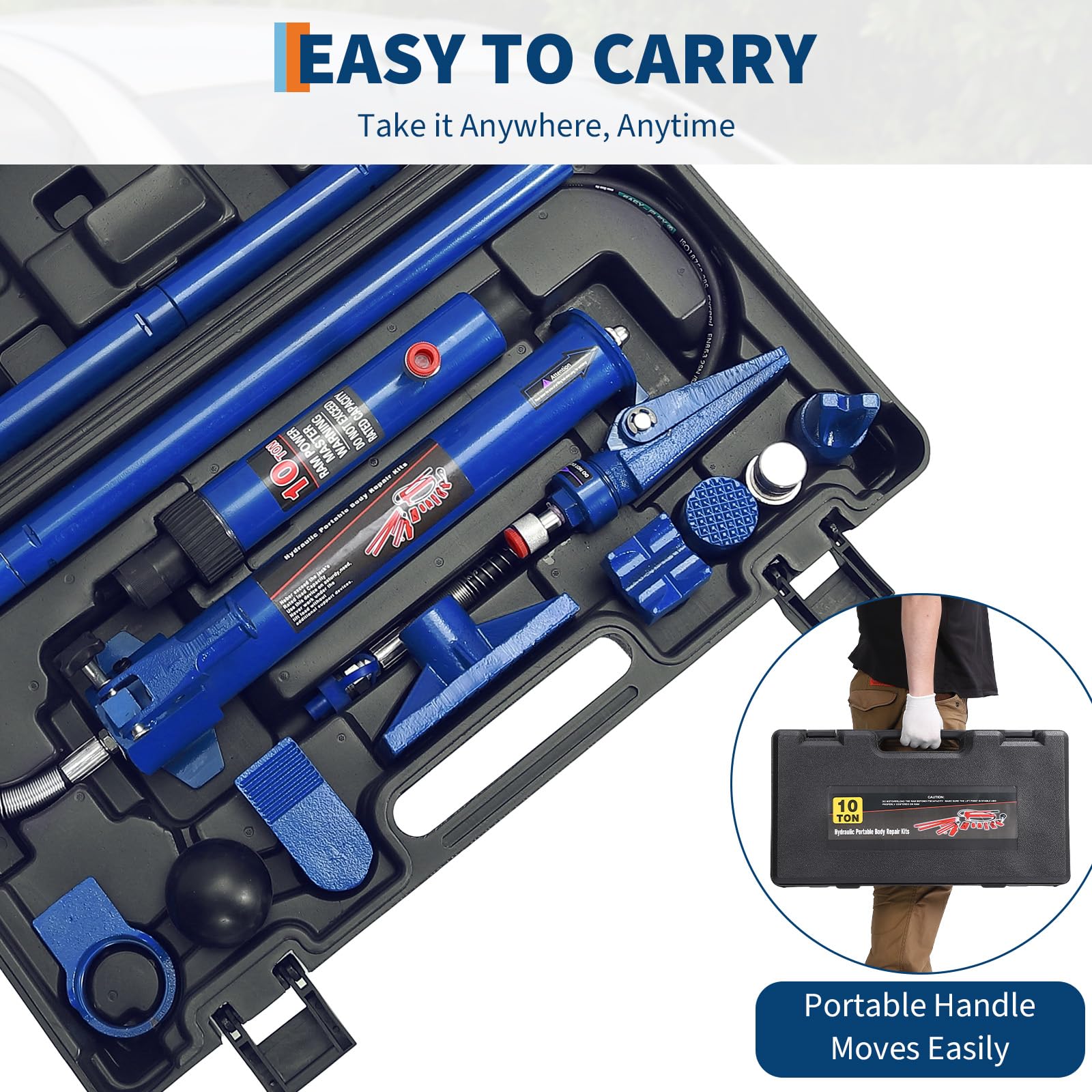 Blue hydraulic porta power kit arranged inside an organized molded carrying case