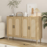 Garvee Rattan Sideboard Buffet Cabinet + 4 Doors, Power Outlet + Adjustable Shelves + MDF, Metal Handles + Anti-tip Kit + Kitchen, Dining, Living Room - wood