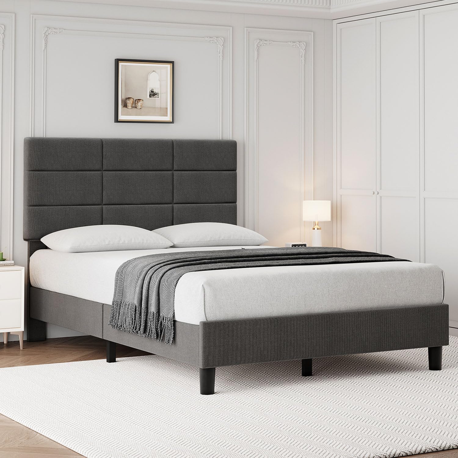 Garvee Twin Size Bed Frame with Adjustable Memory Foam Headboard, Linen Upholstered Platform Bed, Grey, 700lbs Support, No Box Spring Needed