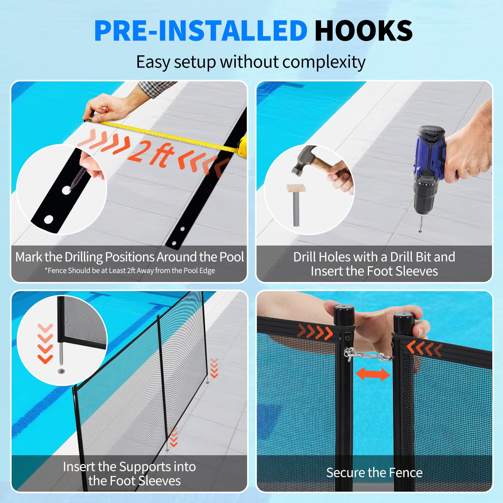 Four step installation guide for marking, drilling, inserting sleeves, and securing a pool fence