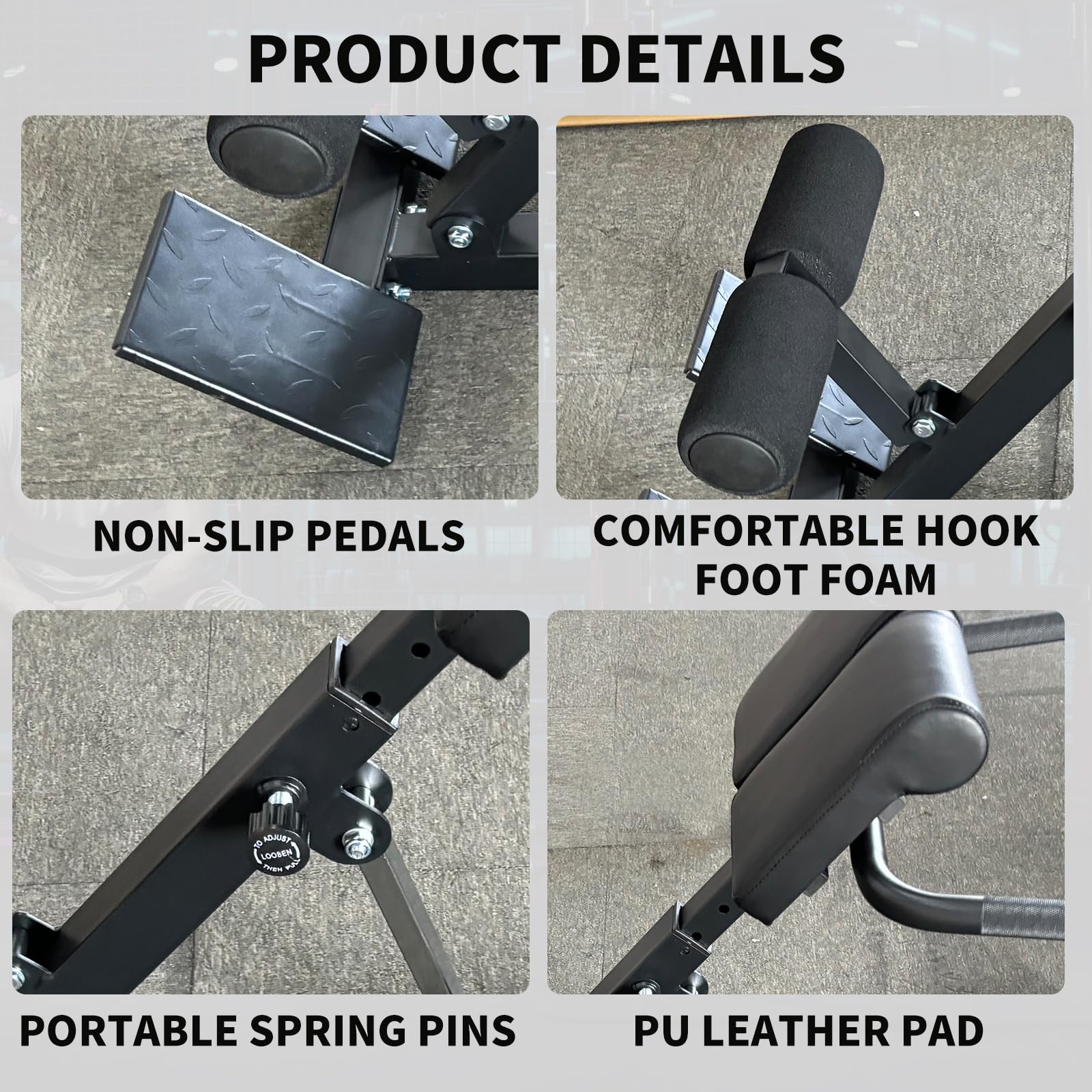 Roman chair product details including non-slip pedals, foam rollers, spring pins and PU leather pads