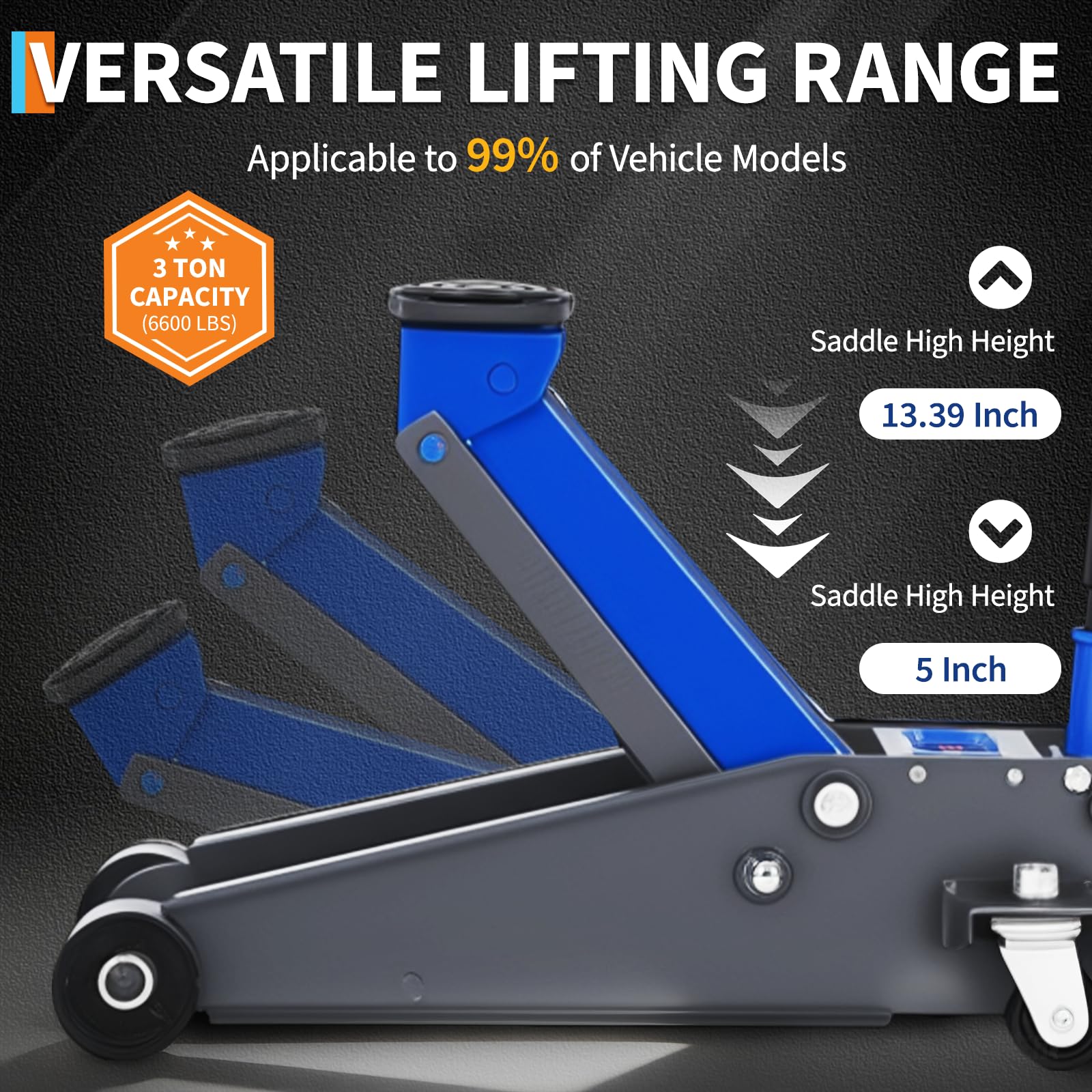 Blue hydraulic floor jack lifting arm with 5 inch to 13.39 inch range