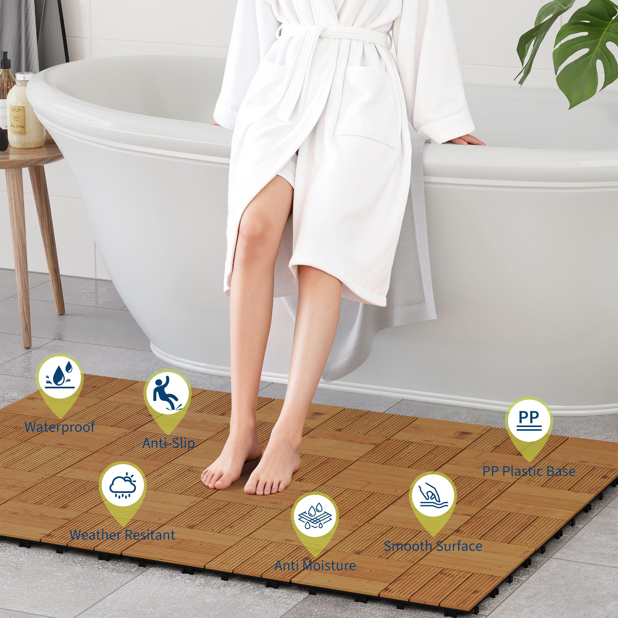 Brown acacia wood deck tiles installed in a damp indoor setting