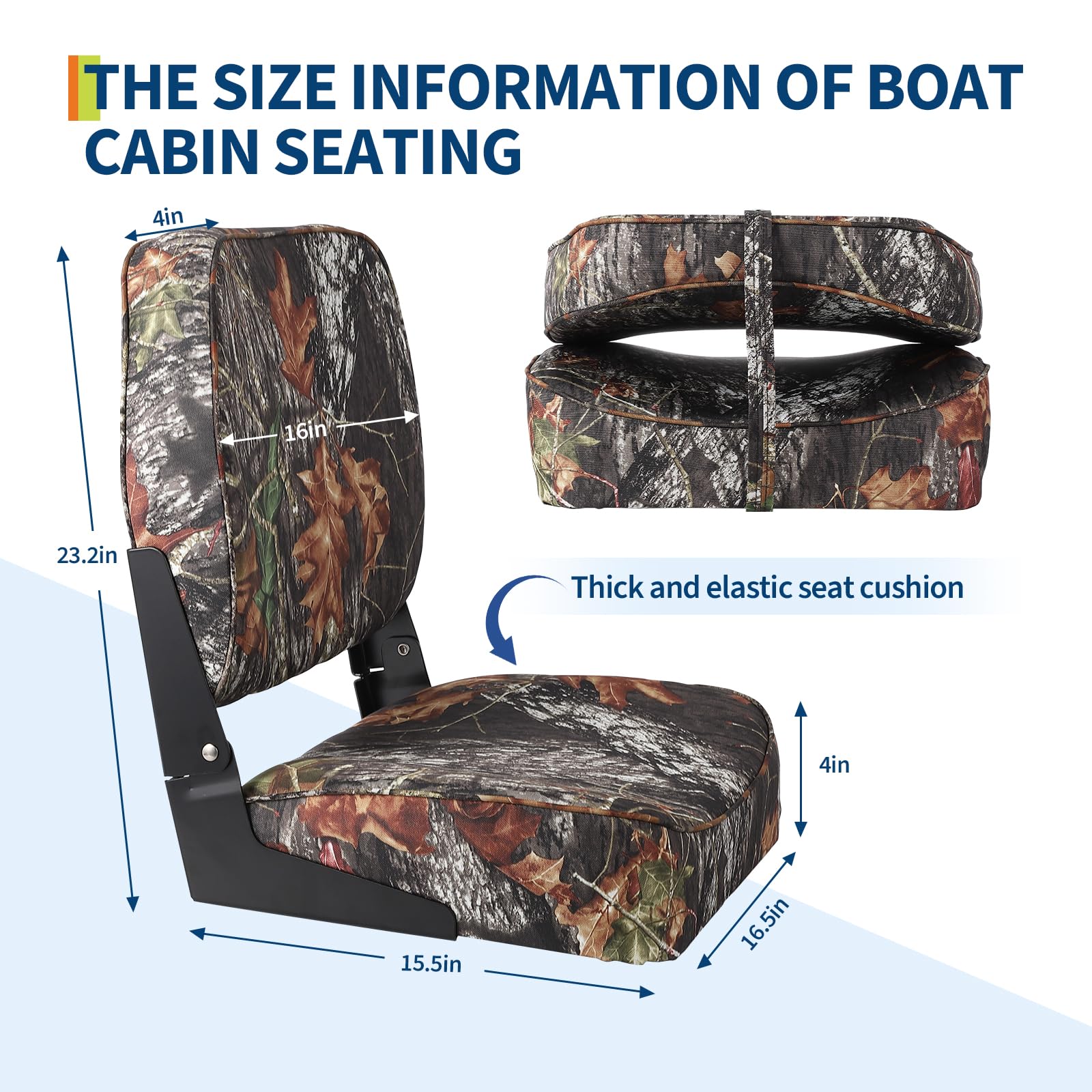 camouflage low back boat seat dimension information with thick cushion detail