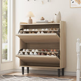 Garvee Natural Shoe Cabinet With 2 Flip Drawers Wooden Organizer For Entryway 3-Tier Storage Rack Adjustable Shelf 34.5in Natural Wood - 2 Tipping Buckets, Natural Wood Color