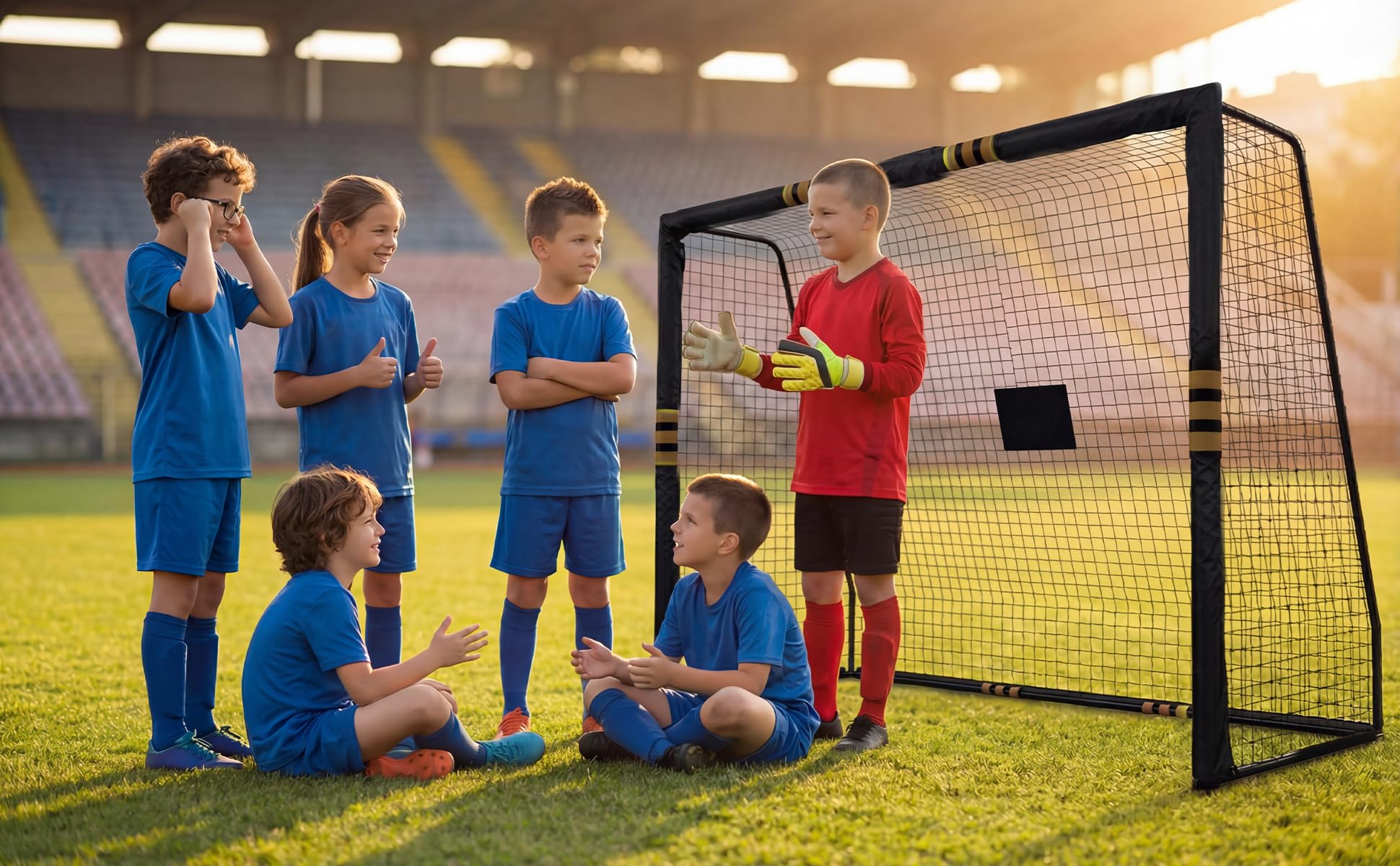 Kids practicing in front of a weatherproof metal soccer goal